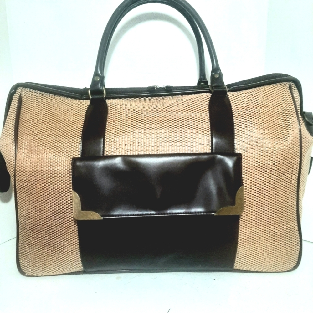 Elegant Tan Nylon Weave with Chocolate Brown Faux Leather Travel/Duffle Baf
